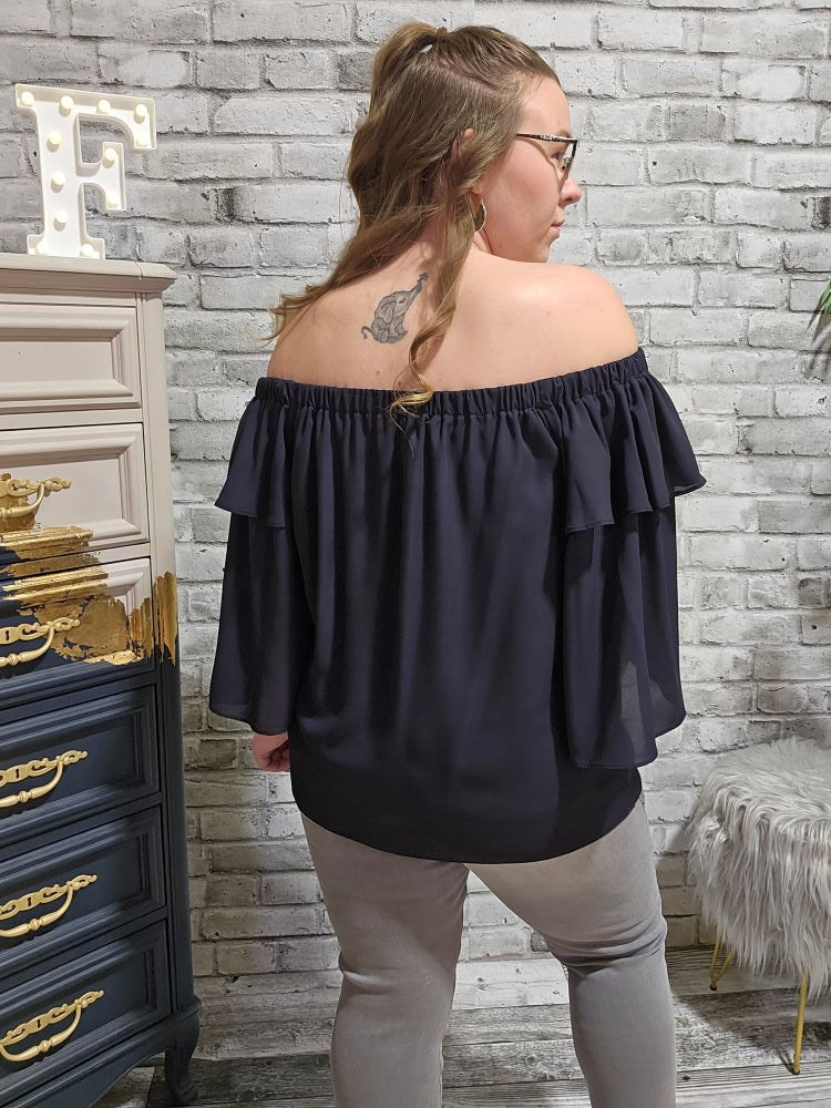 ﻿Joseph Ribkoff Style: 241305 Off shoulder blouse black back view