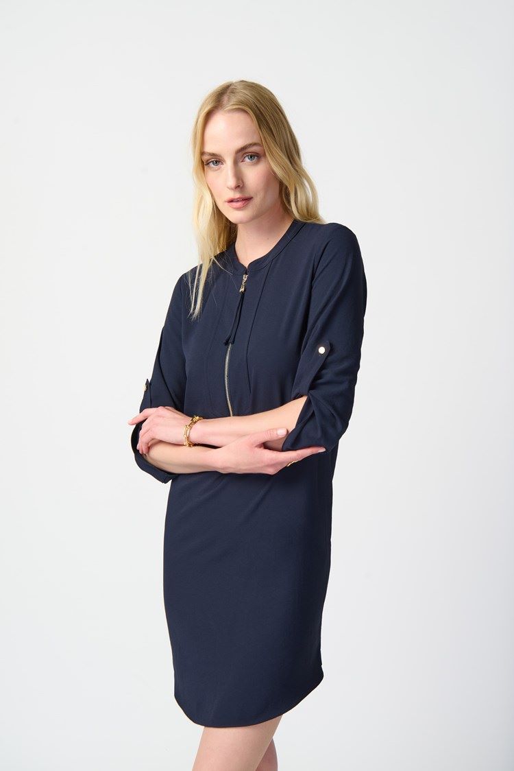 ﻿Joseph Ribkoff Style: 232201, Mandarin Collar Straight Dress, black, front view