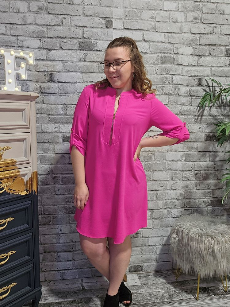 ﻿Joseph Ribkoff Style: 232201, Mandarin Collar Straight Dress, pink, front view