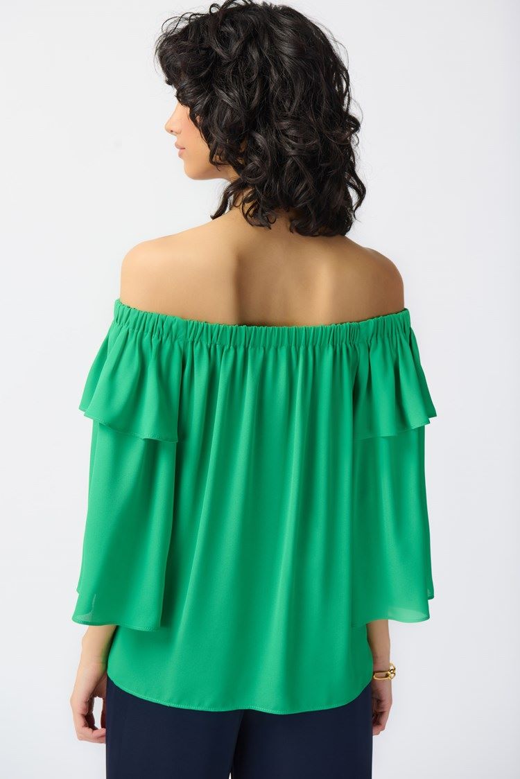 ﻿Joseph Ribkoff Style: 241305 green off shoulder blouse back view