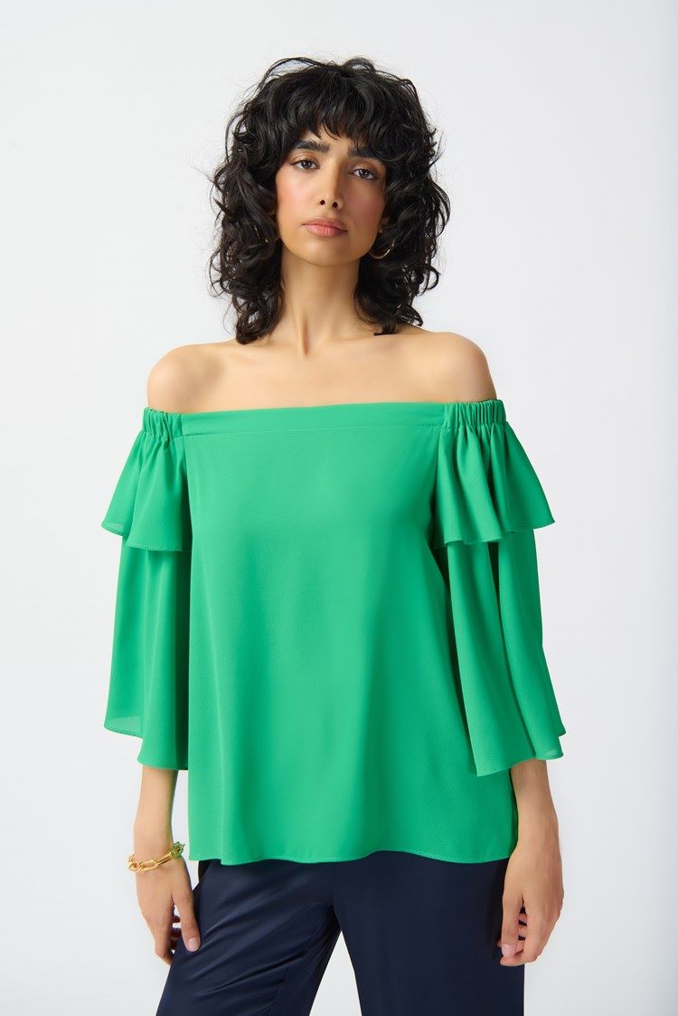 ﻿Joseph Ribkoff Style: 241305 Off shoulder blouse green front view