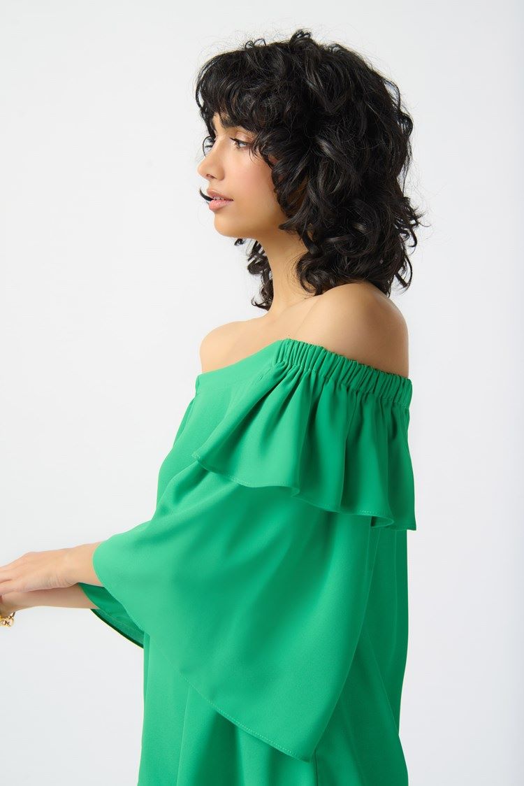 ﻿Joseph Ribkoff Style: 241305 green off shoulder blouse side view