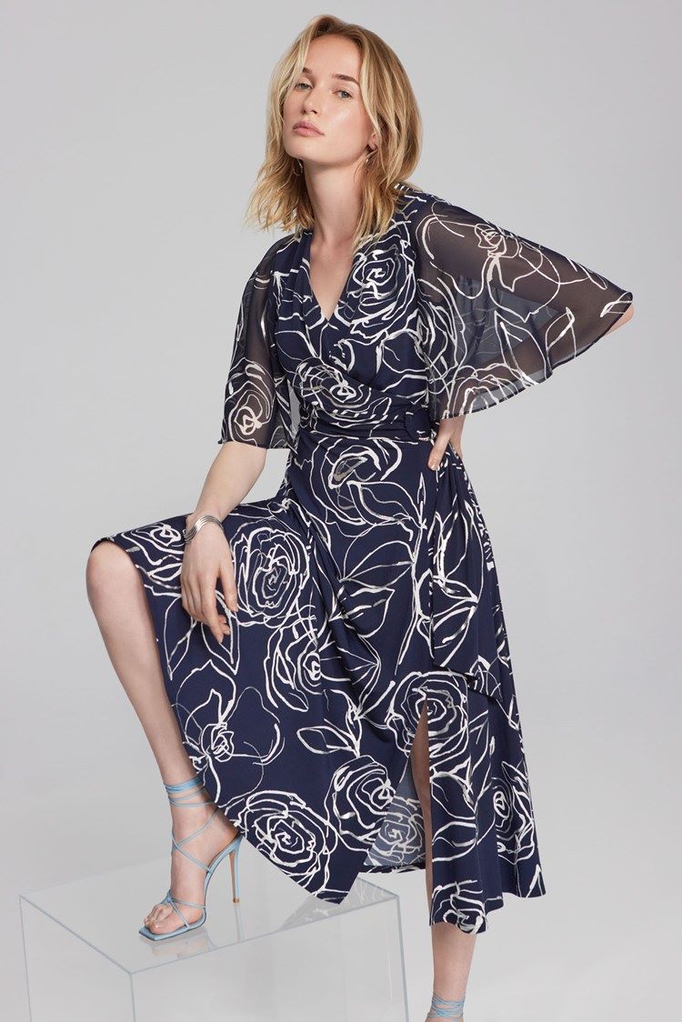 ﻿Joseph Ribkoff Style: 241764 Abstract Floral Motif Dress posed position