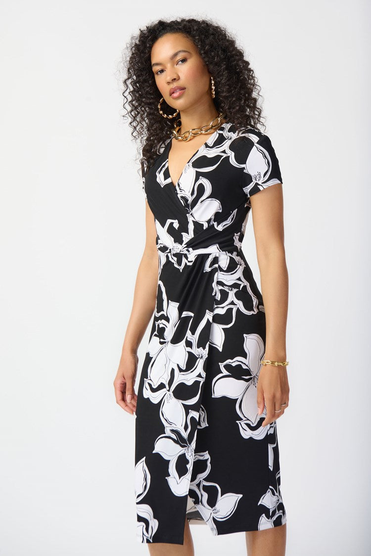 Joseph Ribkoff Style: 241050, Floral Print Silky Knit Wrap Dress, front view