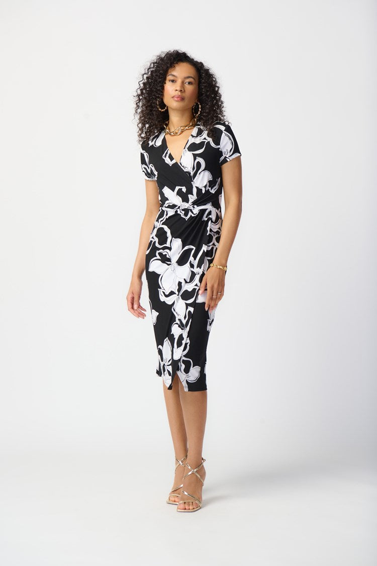 Joseph Ribkoff Style: 241050, Floral Print Silky Knit Wrap Dress, full view