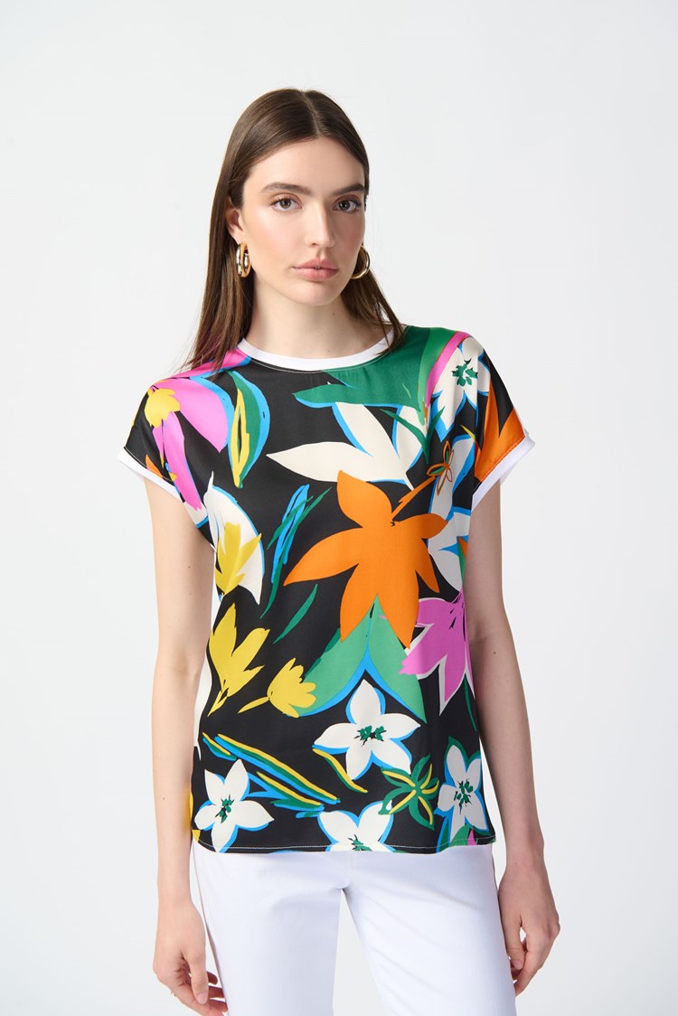Joseph Ribkoff Style: 241137, Floral Print Satin And Silky Knit Top, front view