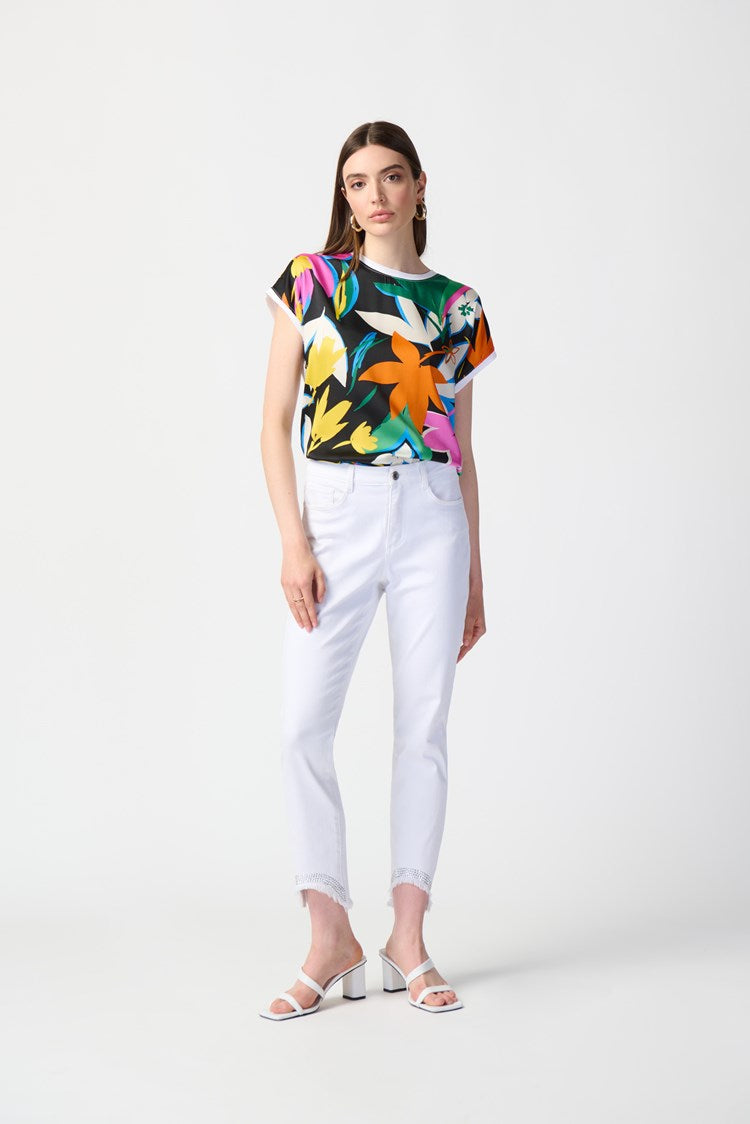 Joseph Ribkoff Style: 241137, Floral Print Satin And Silky Knit Top, full view