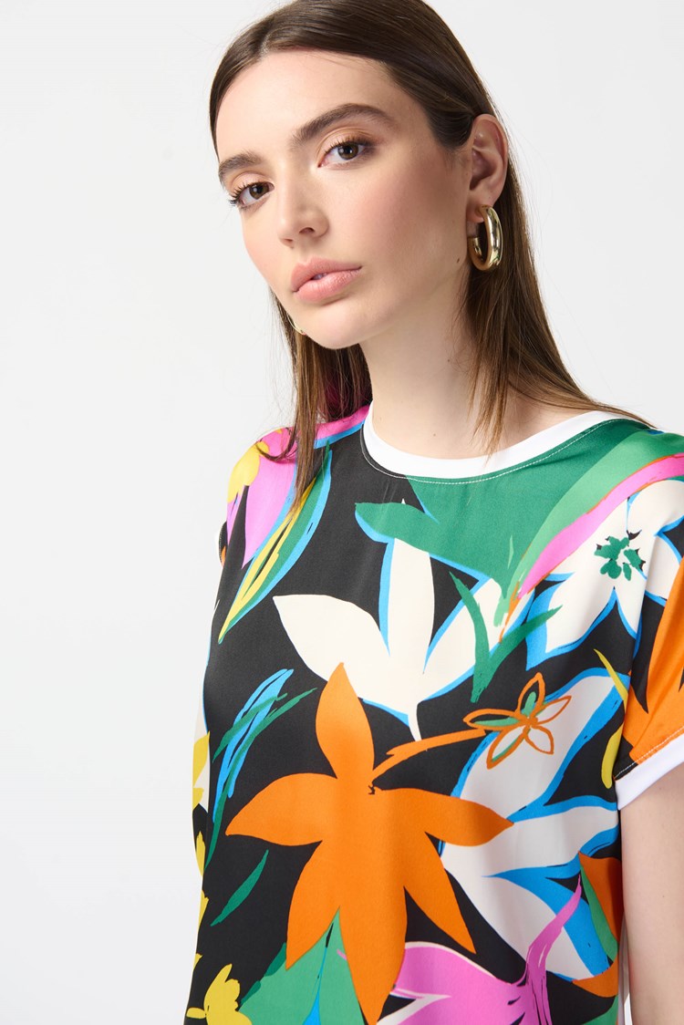 Joseph Ribkoff Style: 241137, Floral Print Satin And Silky Knit Top, detail view