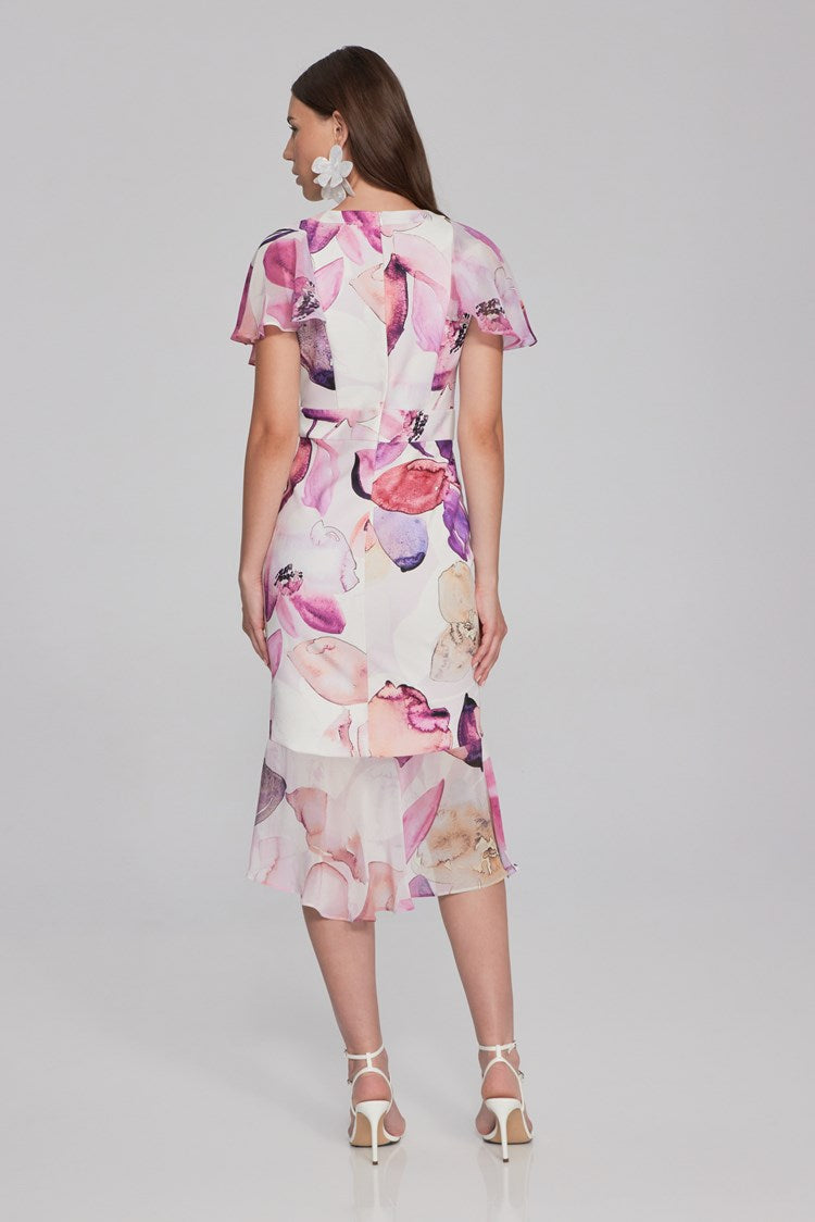 Joseph Ribkoff Style: 241732 floral print scuba crepe and chiff, back viewon dress, 