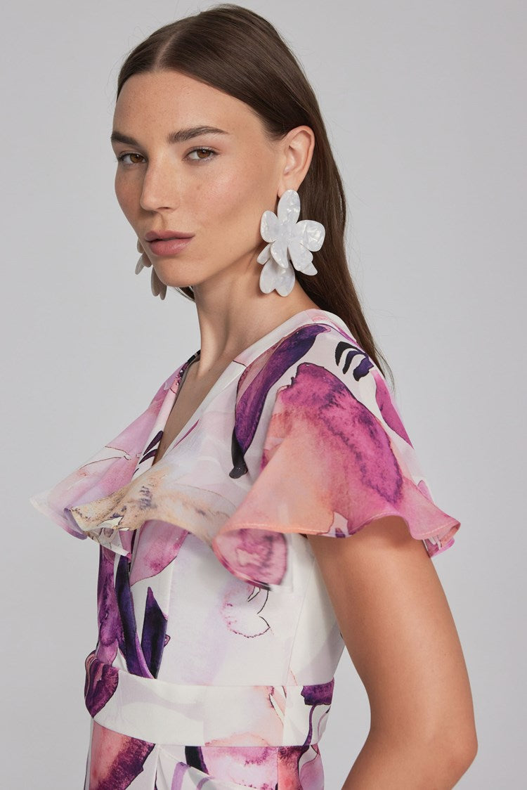Joseph Ribkoff Style: 241732 floral print scuba crepe and chiffon dress, detail view