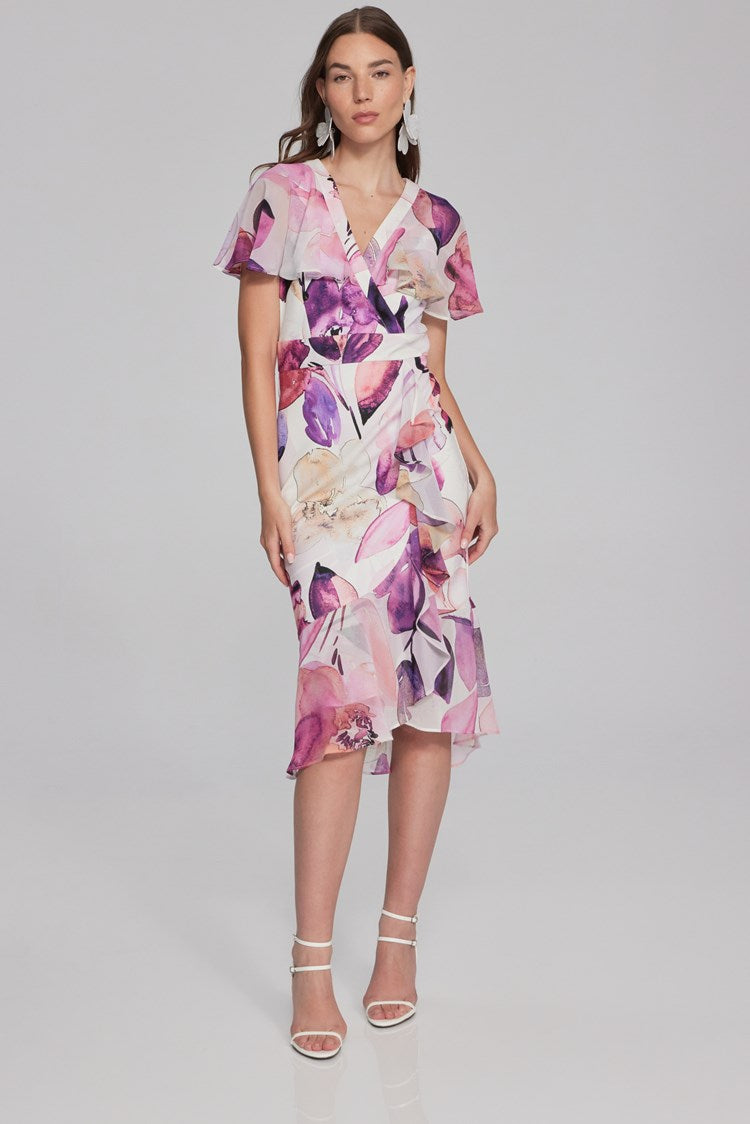 Joseph Ribkoff Style: 241732 floral print scuba crepe and chiffon dress, full view