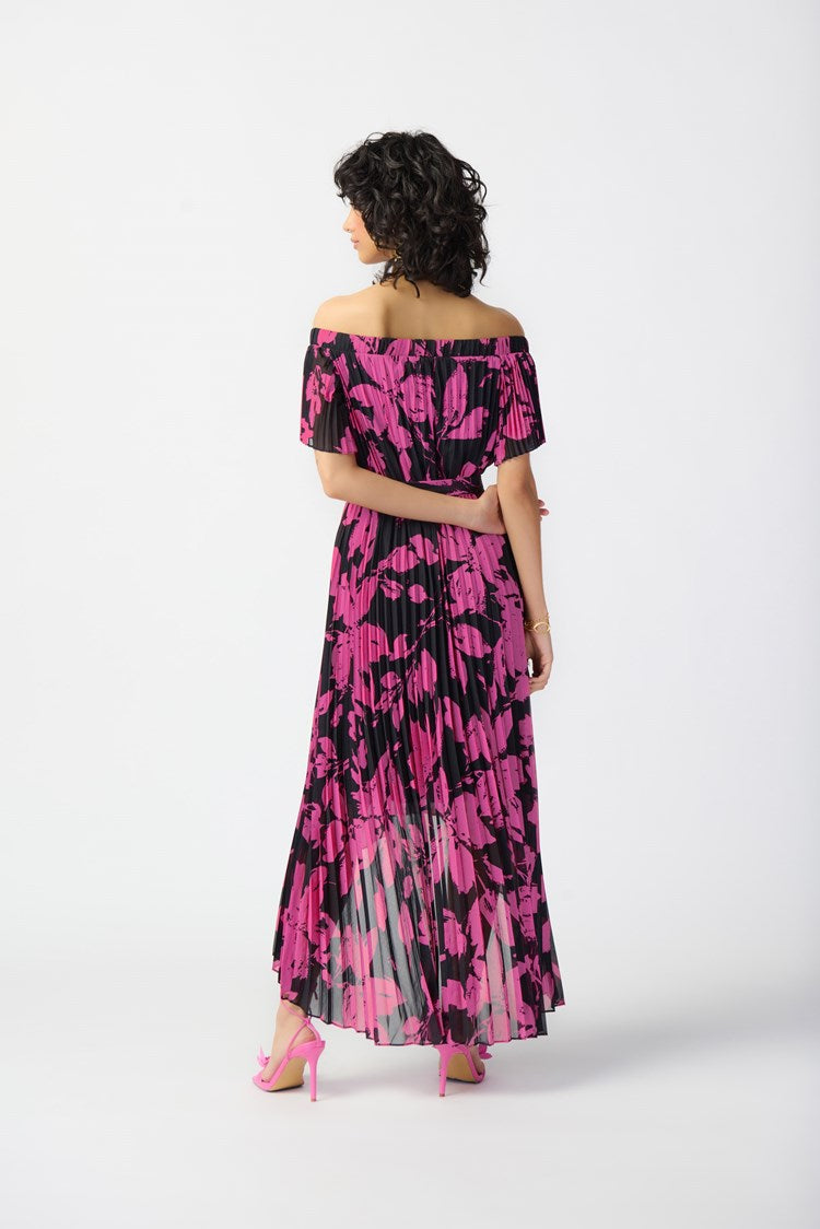 Joseph Ribkoff Style: 241908, Chiffon Off-Shoulder Pleated Dress, side view