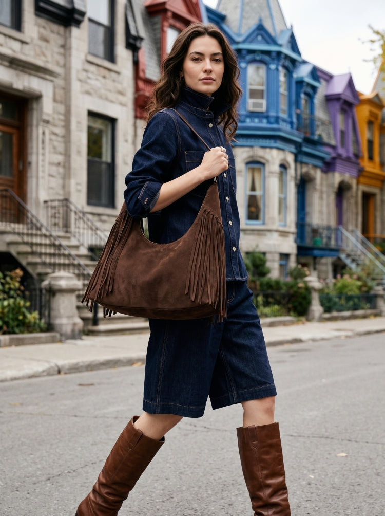 SKYLA JACKIE Faux Suede Fringe Hobo Bag