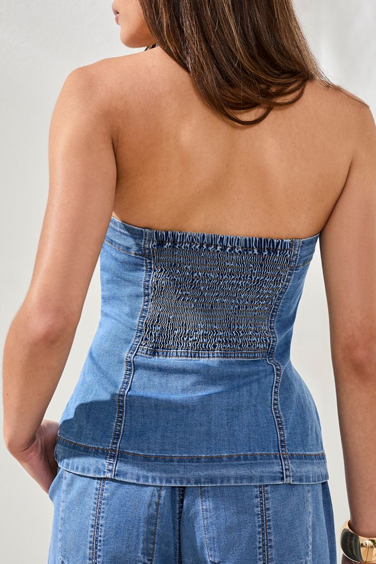 Button Front Denim Bustier Top