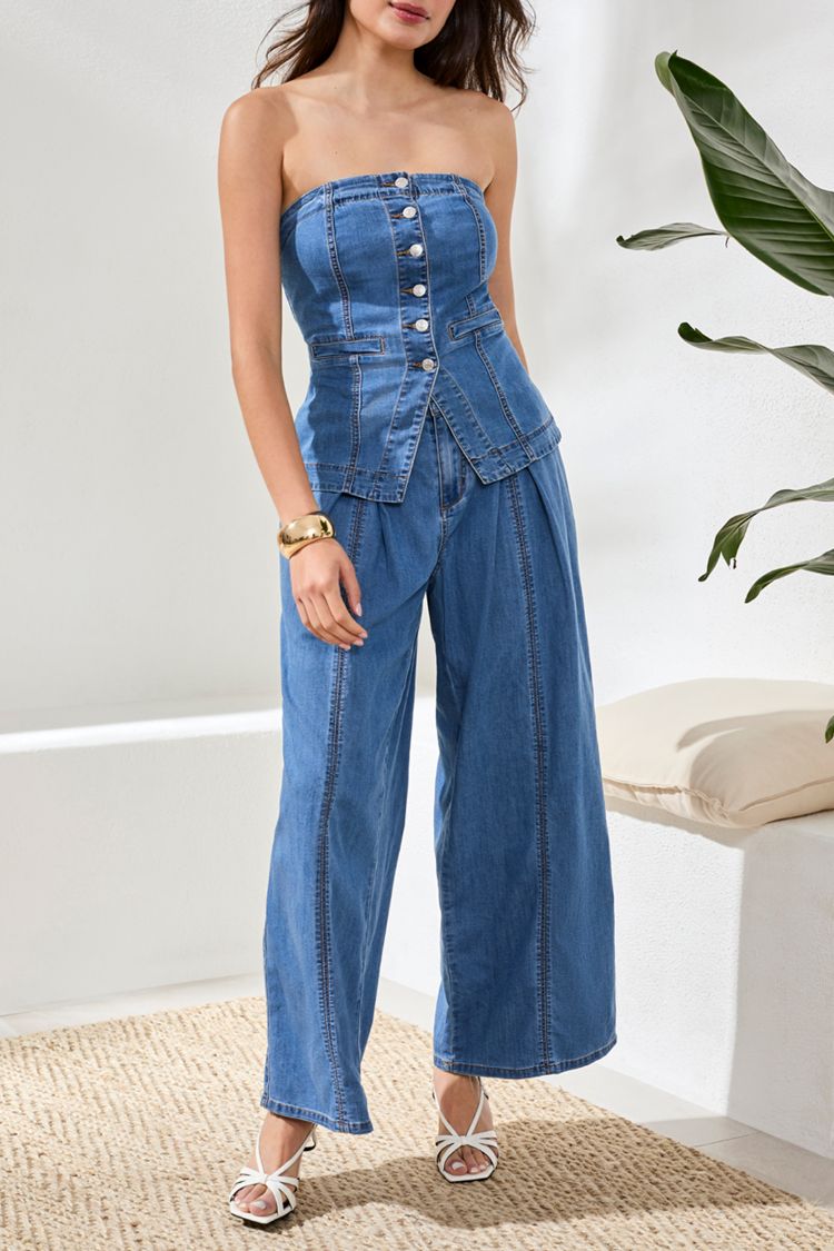 Button Front Denim Bustier Top