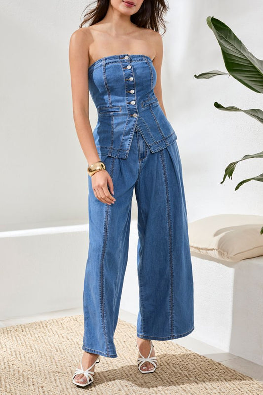 Button Front Denim Bustier Top