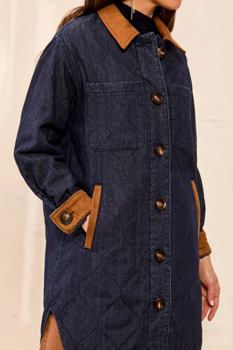 Tribal Quilted Denim Jacket with Suede Trim