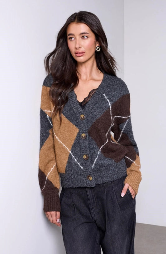 Tribal Diamond Colourblock Cropped Cardigan