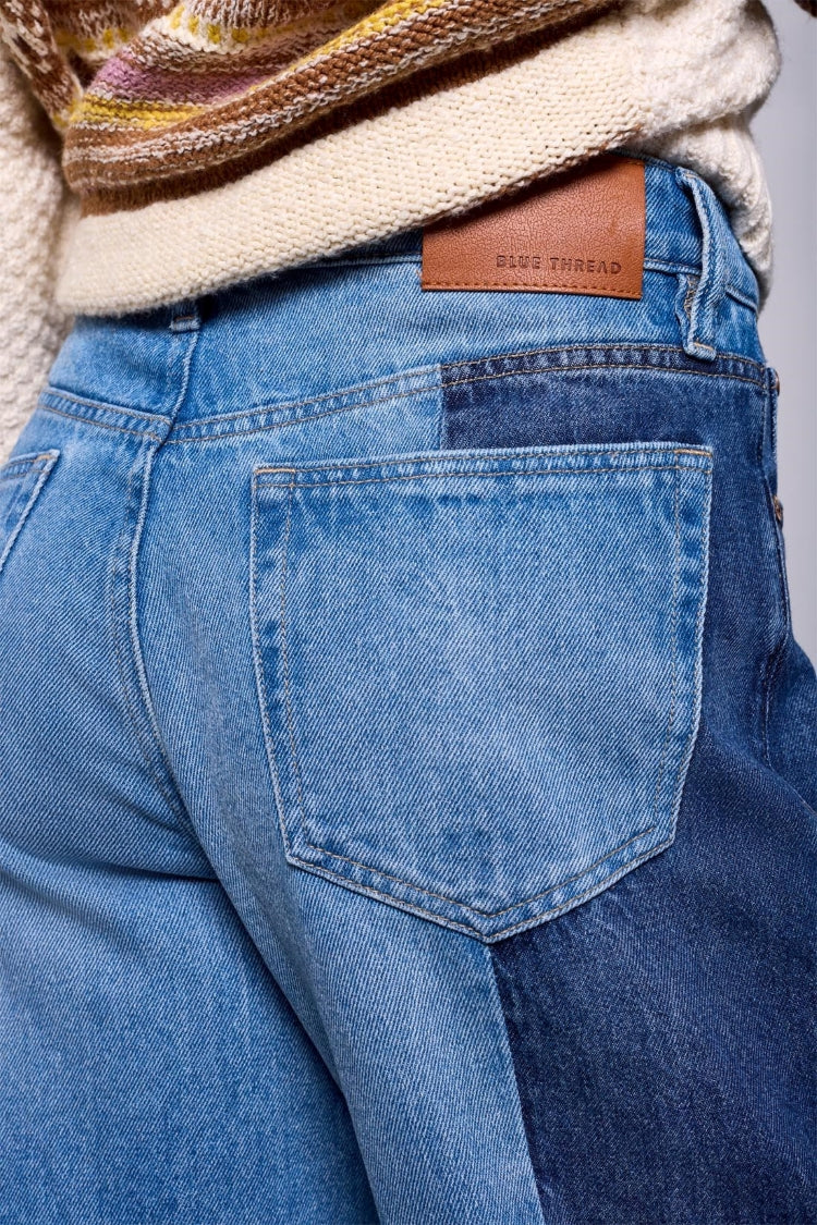 Tribal Two-Tone High Rise Straight Leg Jeans