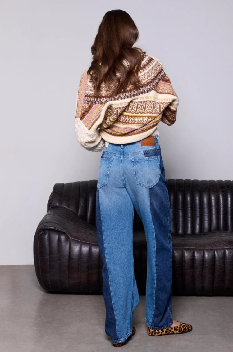 Tribal Two-Tone High Rise Straight Leg Jeans