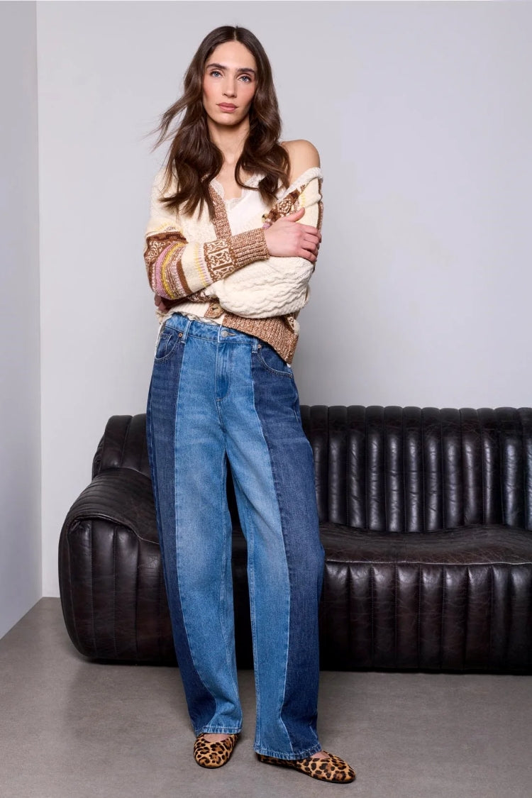Tribal Two-Tone High Rise Straight Leg Jeans