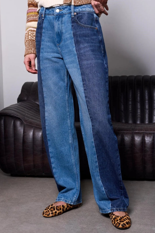 Tribal Two-Tone High Rise Straight Leg Jeans