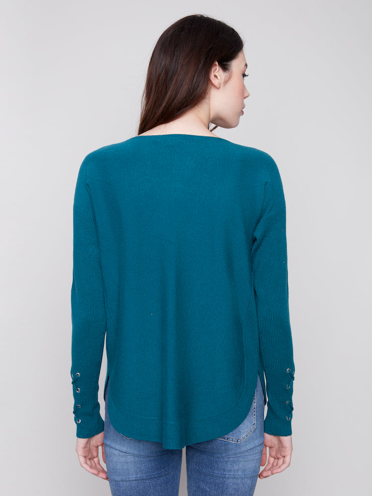 Lace Detail On Sleeve Round Hem Sweater