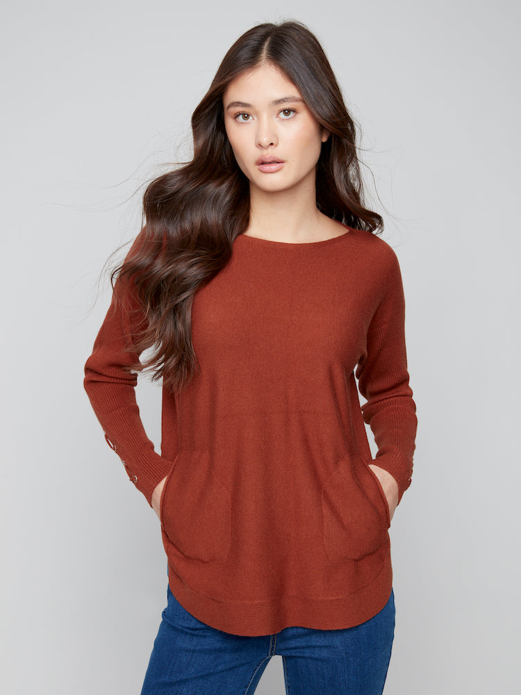 Lace Detail On Sleeve Round Hem Sweater