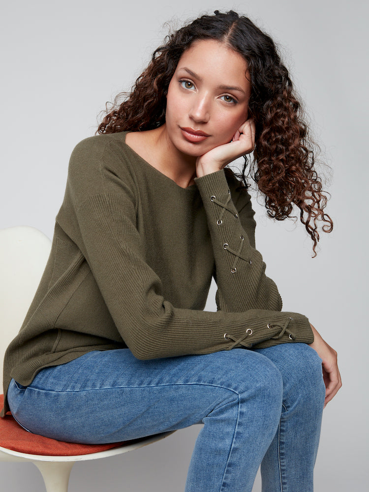 Lace Detail On Sleeve Round Hem Sweater