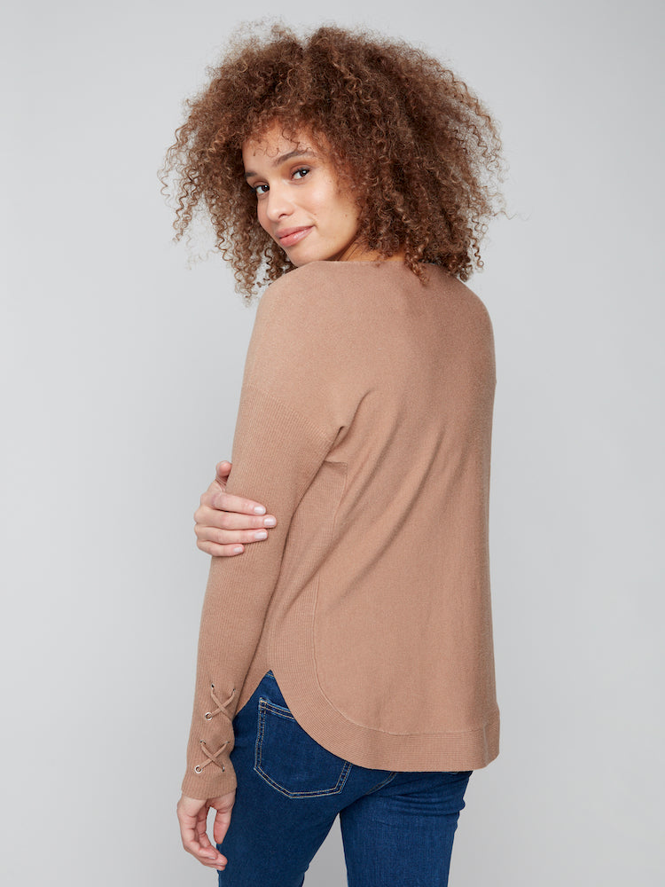 Lace Detail On Sleeve Round Hem Sweater