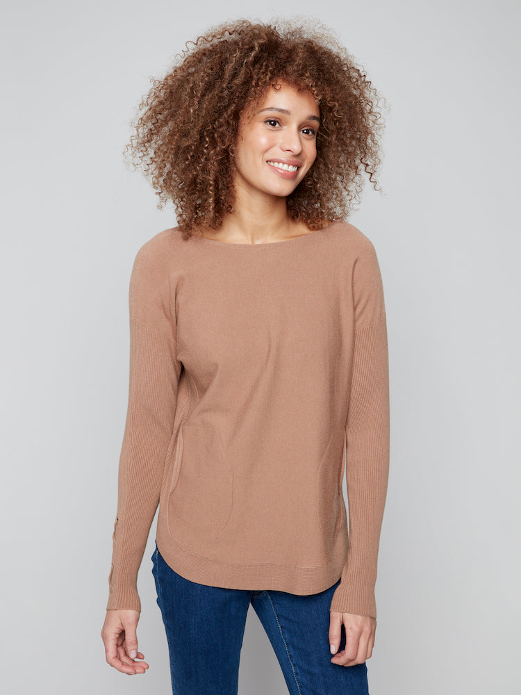 Lace Detail On Sleeve Round Hem Sweater