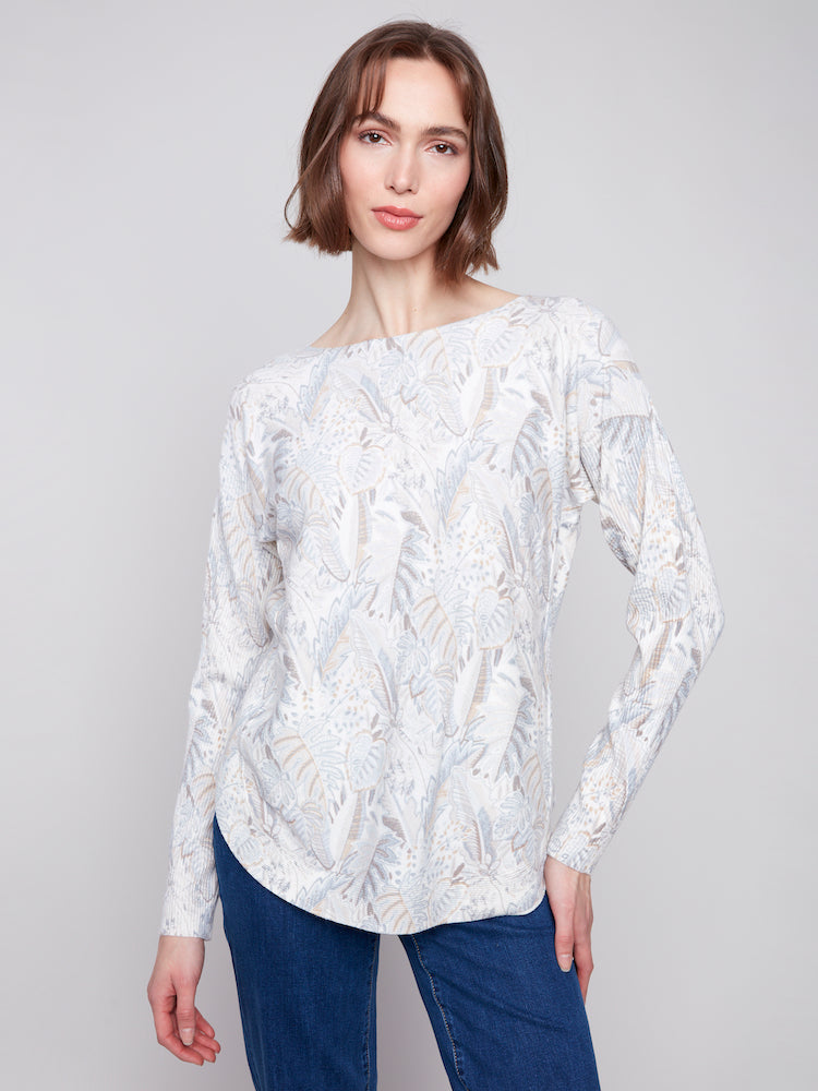 Print Boat Neck Long Sleeve With Pockets