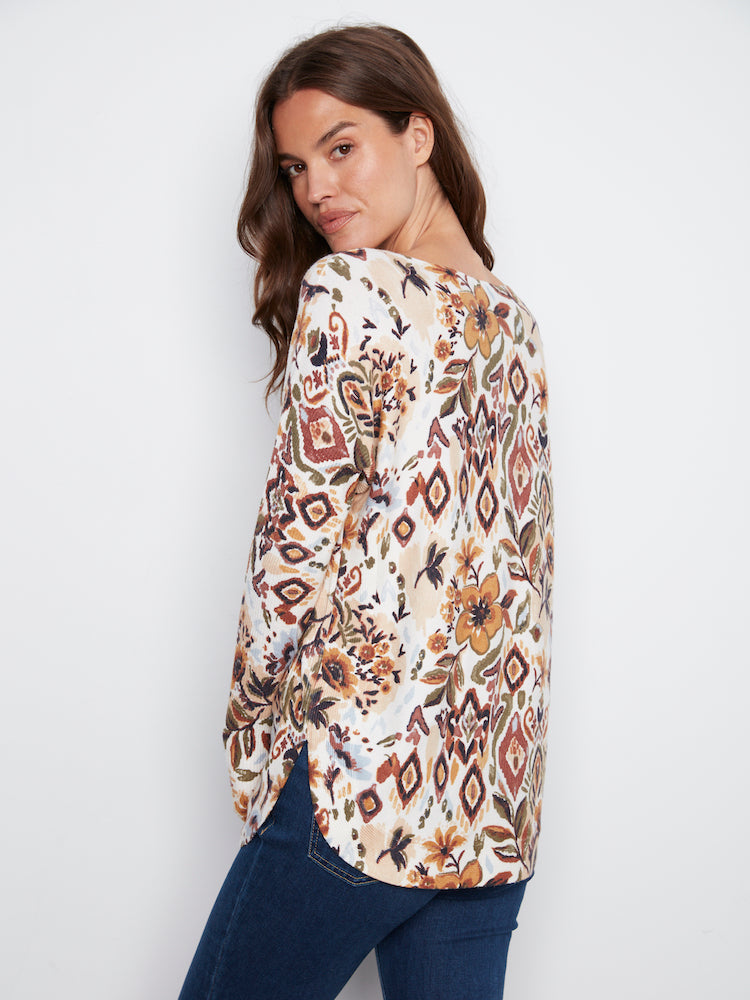 Print Boat Neck Long Sleeve With Pockets