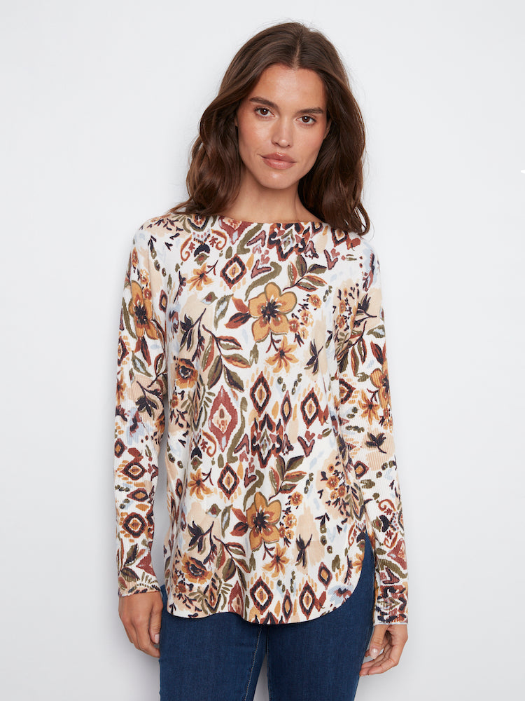 Print Boat Neck Long Sleeve With Pockets