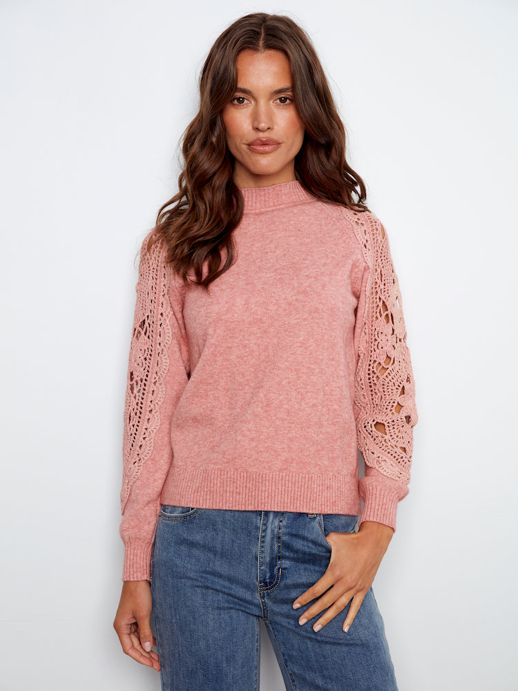Crochet Sleeve Mock Neck Sweater