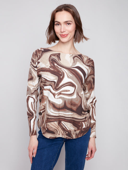 Printed Boat Neck Sweater With Side Buttons
