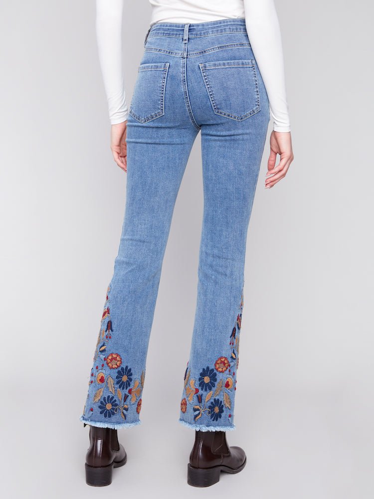 Flare Leg Jeans With Colorful Floral Embroidery