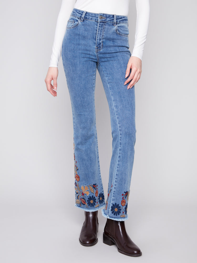 Flare Leg Jeans With Colorful Floral Embroidery