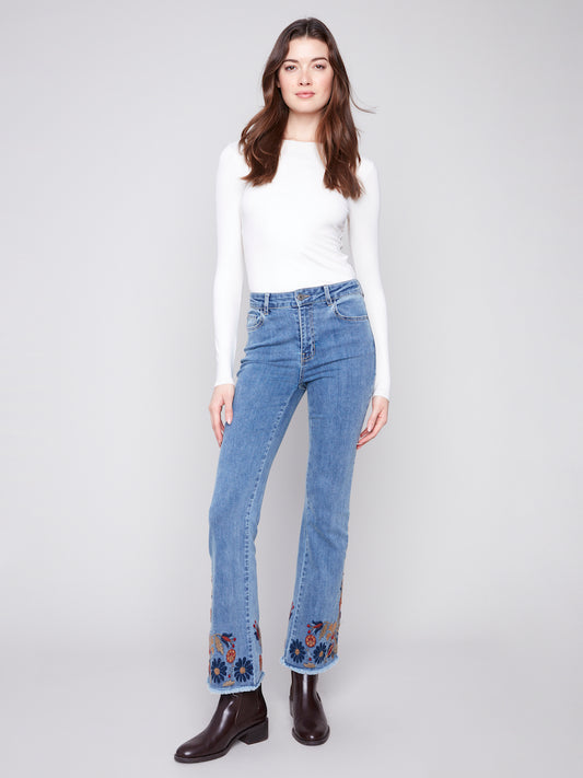 Flare Leg Jeans With Colorful Floral Embroidery