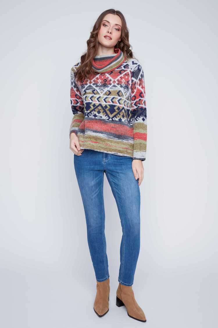 Cowl Neck Print Sweater