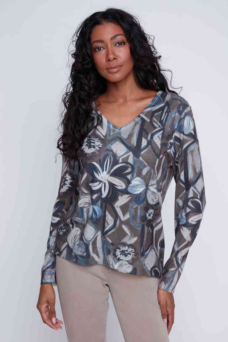 Print Long Sleeve V-Neck Top