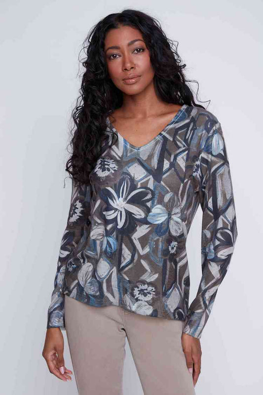 Print Long Sleeve V-Neck Top