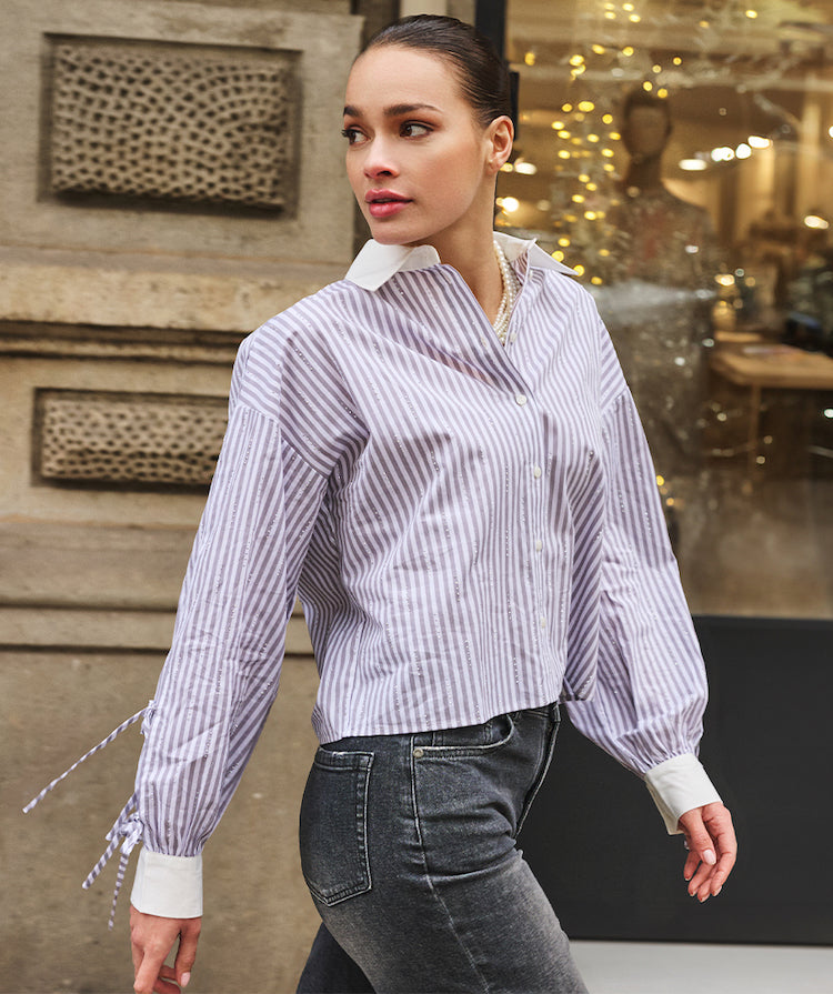 Cropped Stripe Blouse With Rhinestones