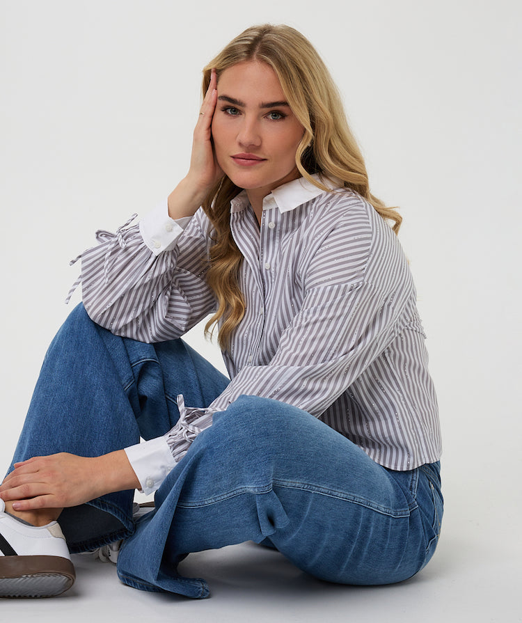 Cropped Stripe Blouse With Rhinestones