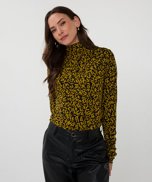 Print Long Sleeve Mock Neck Top