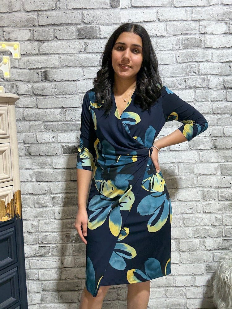 Floral Print Faux Wrap Dress With Buckle