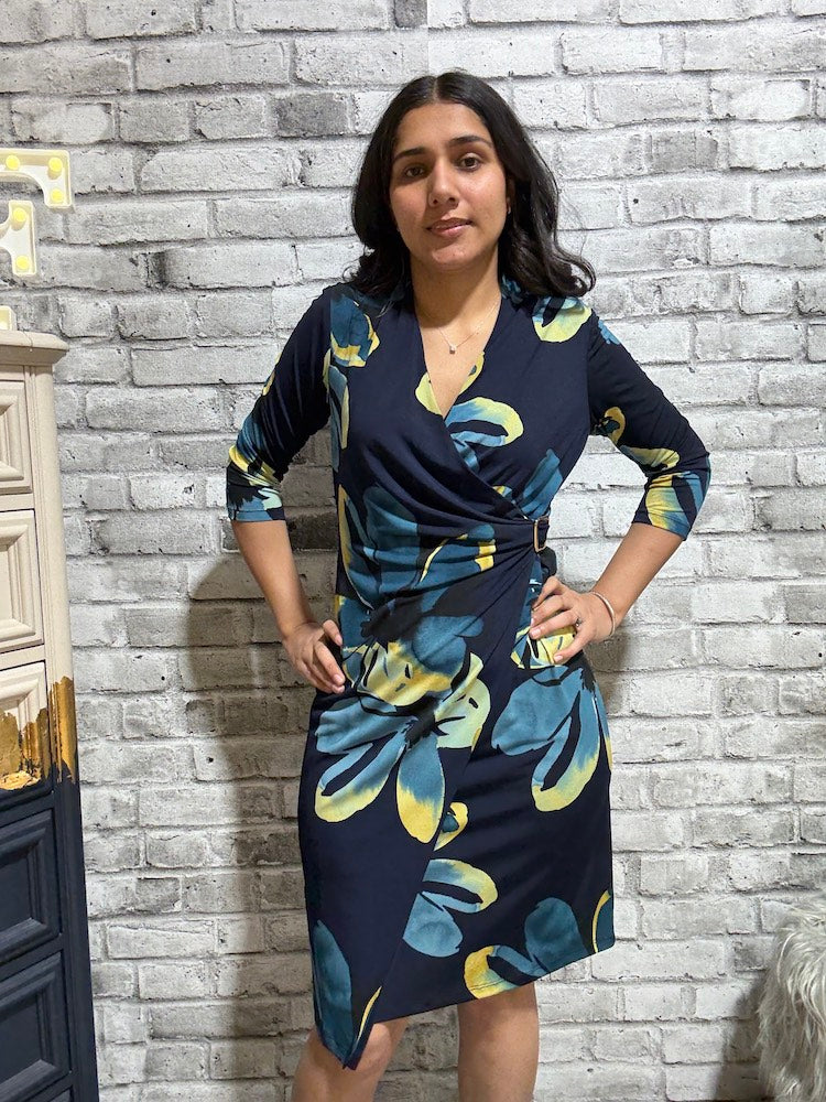 Floral Print Faux Wrap Dress With Buckle