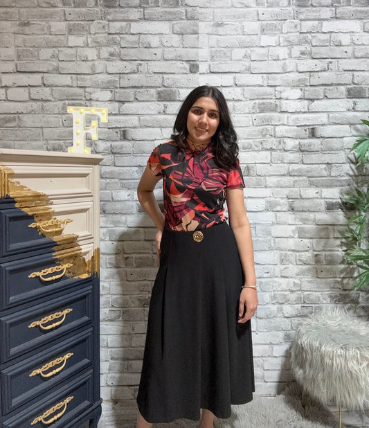 Cross Over Faux Buckle Midi Skirt