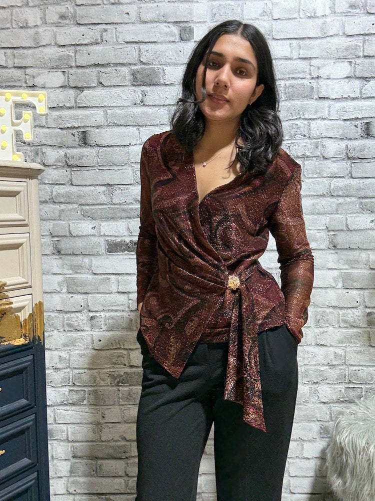 Cross Front Long Sleeve Print Top