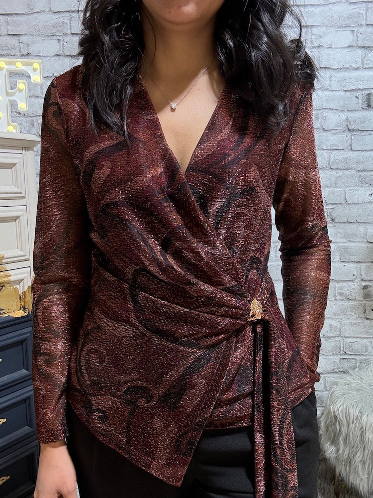 Cross Front Long Sleeve Print Top